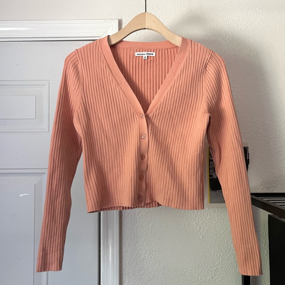 REFORMATION peach pink organic cotton blend rib knit button up cropped top